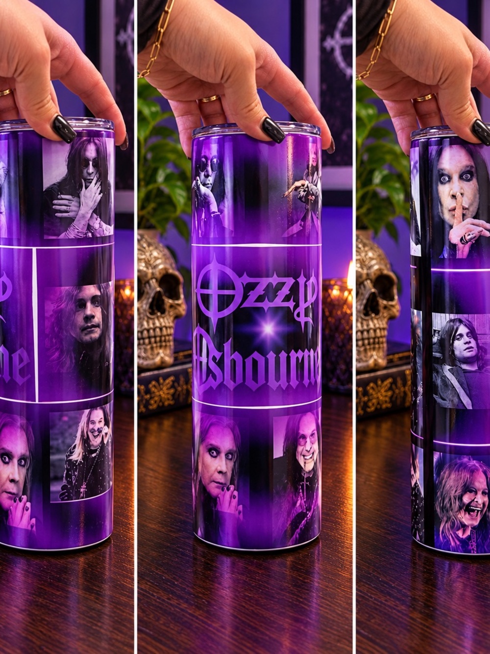 Glowy Ozzy Osbourne Purple Photo Collage Travel Tumbler